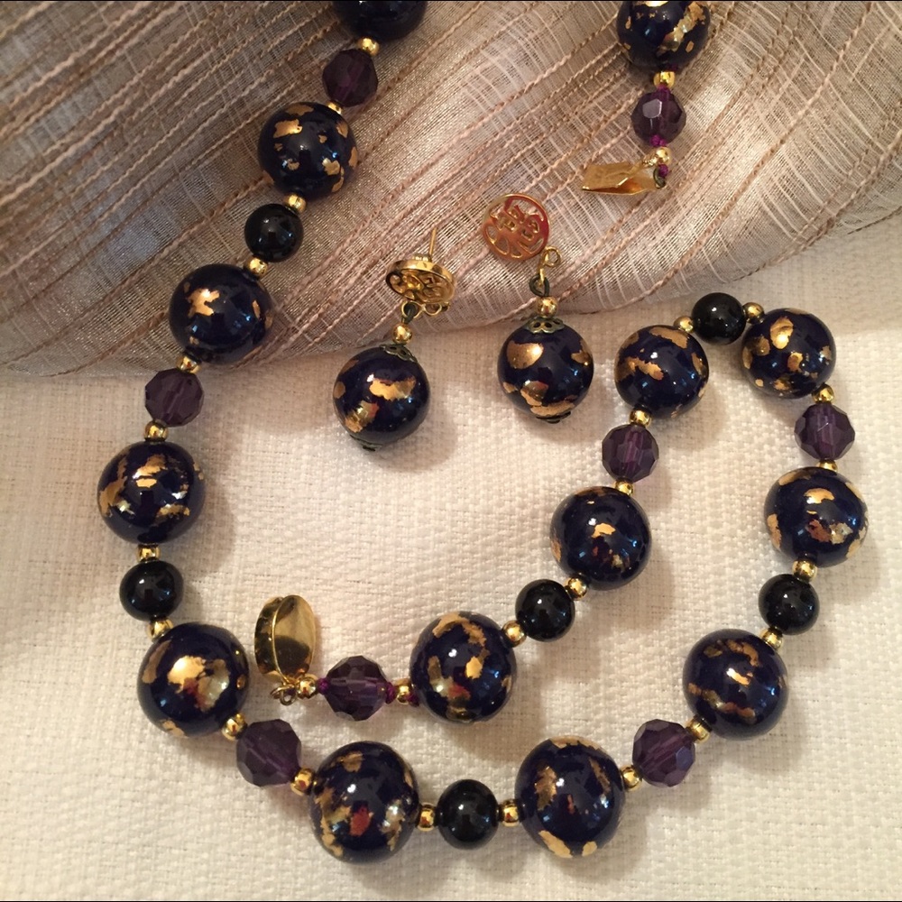 Royal Blue & Gold Glass Necklace with Earrings